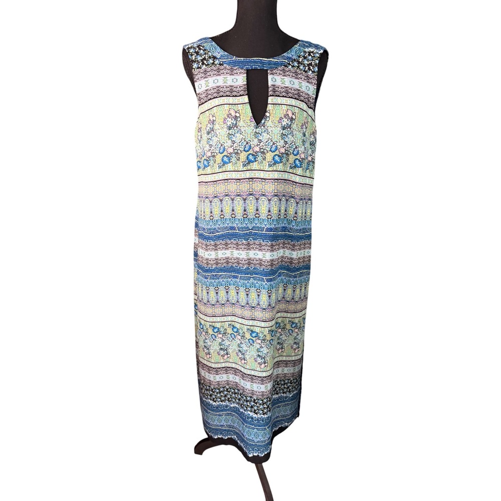Emma & Michele Sleeveless Maxi Dress‎ Women's Small Blue Green Boho Keyhole Neck